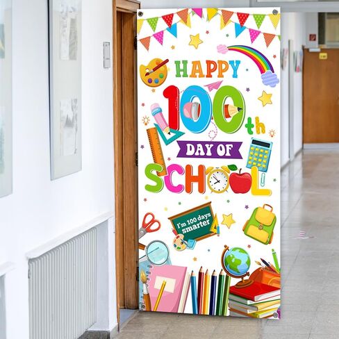 لافتة باب المدرسة ليوم 100 السعيد، غطاء باب المدرسة للأطفال، طلاب رياض الأطفال، مرحلة ما قبل المدرسة الابتدائية، لوازم تزيين حفلات اليوم الـ 100 (أبيض) in Kuwait