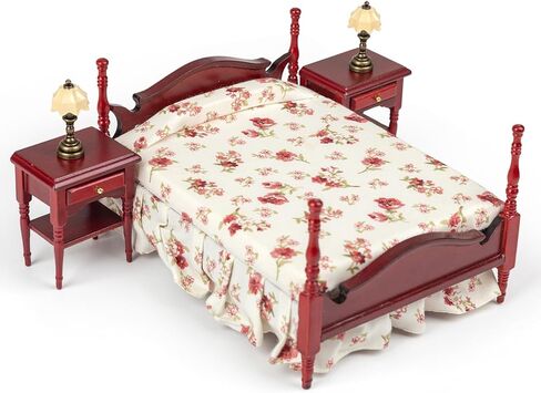 أثاث بيت الدمى الخشبي من Keldoner بمقياس 1 12، ألعاب أثاث بيت الدمية لغرفة نوم بيت الدمى بما في ذلك السرير الكلاسيكي والطاولات بجانب السرير ومصابيح الطاولة وأثاث المنزل الصغير وملحقاته in Kuwait