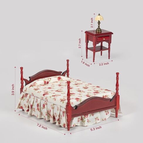 أثاث بيت الدمى الخشبي من Keldoner بمقياس 1 12، ألعاب أثاث بيت الدمية لغرفة نوم بيت الدمى بما في ذلك السرير الكلاسيكي والطاولات بجانب السرير ومصابيح الطاولة وأثاث المنزل الصغير وملحقاته in Kuwait