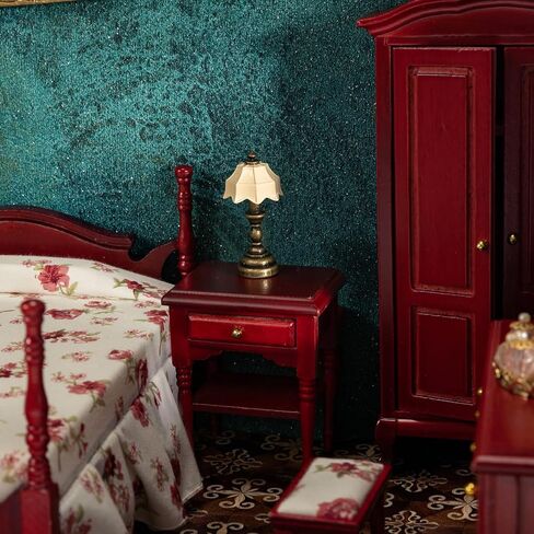 أثاث بيت الدمى الخشبي من Keldoner بمقياس 1 12، ألعاب أثاث بيت الدمية لغرفة نوم بيت الدمى بما في ذلك السرير الكلاسيكي والطاولات بجانب السرير ومصابيح الطاولة وأثاث المنزل الصغير وملحقاته in Kuwait