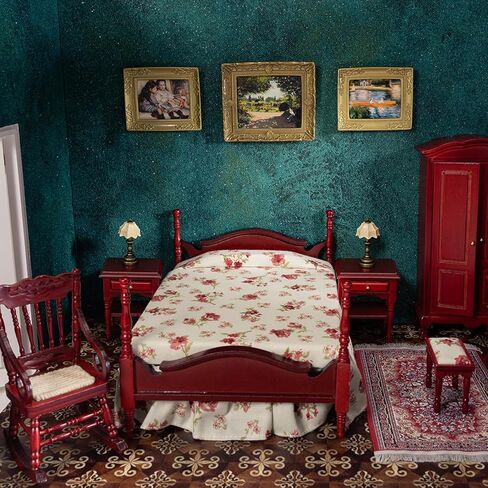 أثاث بيت الدمى الخشبي من Keldoner بمقياس 1 12، ألعاب أثاث بيت الدمية لغرفة نوم بيت الدمى بما في ذلك السرير الكلاسيكي والطاولات بجانب السرير ومصابيح الطاولة وأثاث المنزل الصغير وملحقاته in Kuwait