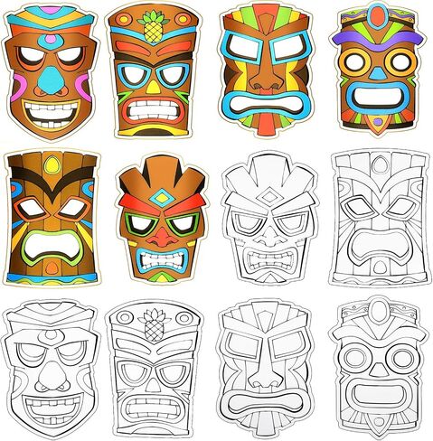 12 pieces Tiki Totem Masks Aloha Party Mask for Boys Girls DIY Blank Totem Paper Masks Tropical Paper Masks blank Drawing Mask Card for Luau Party Hawaii Beach Carnival Masquerade Costume Totem Jungle in Saudi Arabia