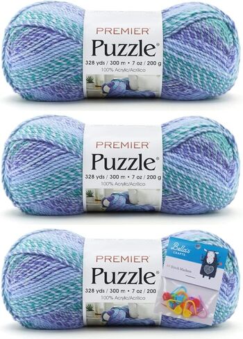 Premier Yarn Puzzle - 7 oz - #5 Bulky Weight - 3-Pack Bundle with Bellas Crafts Stitch Markers (Tangram) in Kuwait