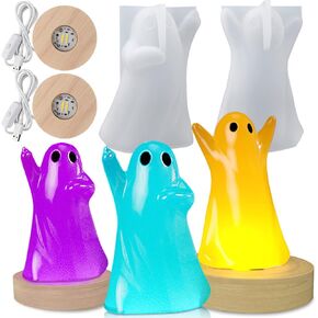 Ghost Resin Light Molds, Resin Lamp Mold Set with Wooden Lighted Bases, Ghost Silicone Molds for Epoxy Resin Casting DIY Night Lights Candle Halloween Rave Party Decor (4 Pcs) in Kuwait