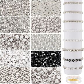 Whaline 1500Pcs Silver Bead Making Kit 3 Sizes Round Spacer Beads White Pearl Beads Silver Ball Heart Star Flat Beads Alphabet Letter Beads with Elastic String for DIY Jewelry Making Necklace Bracelet