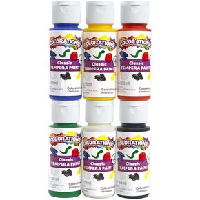 Colorations Tempera Paint, Rainbow Colors, Set of 6, 2 OZ EA, Red, Blue, Green, White, Yellow, Black