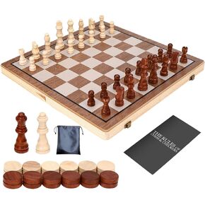 Chess Board Set, 15 Inch Wooden Chess Set for Adults & Kids, Checkers Board Game, Handmade Folding Chess Boards with 2 Extra Queens by Kiapeak