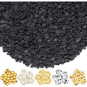 4500pcs Black Clay Beads for Bracelet Making Kit Including 6mm Flat Polymer Clay Heishi Beads and Gold Bead Pearls Spacers Letter Beads for Jewelry Necklace Making