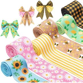 3sscha 6 Rolls Bee Wired Edge Ribbons Lemon Sunflower Daisy Wrapping Ribbon Spring Summer Yellow Black Buffalo Grid 2.5in x 30 Yards Hair Bow Decor for Home Wedding Anniversary Flower Wreath Bouquet in Kuwait