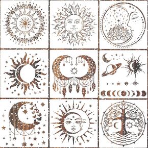 9 Pieces Large Mandala Sun and Moon Stencil Butterfly Flower Tree Paint Stencils for Crafts Reusable Templates Star Stencils for Painting Wood Wall Furniture Home Decor (Sun Moon)