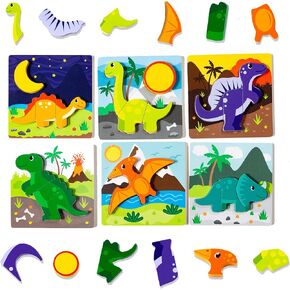 Klevly 6 PK Dinosaur Wooden Toddler Puzzles Ages 2-4 | Wooden Puzzles for Toddlers 1-3 | Montessori Toys for 2 Year Old | Learning Toys for 2+ Year Olds | Educational Toys for 2 Year Old | STEM Toy in Kuwait