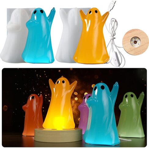 Ghost Resin Light Molds, Resin Lamp Mold Set with Wooden Lighted Bases, Ghost Silicone Molds for Epoxy Resin Casting DIY Night Lights Candle Halloween Rave Party Decor (4 Pcs) in Kuwait