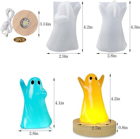 Ghost Resin Light Molds, Resin Lamp Mold Set with Wooden Lighted Bases, Ghost Silicone Molds for Epoxy Resin Casting DIY Night Lights Candle Halloween Rave Party Decor (4 Pcs) in Kuwait
