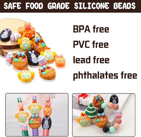 15 قطعة من الخرز البؤري السيليكوني للأقلام وخرز موضوع عيد الفصح وشخصيات متنوعة على شكل خرز سيليكون لصنع سلسلة المفاتيح وخرز السيليكون بالجملة لصنع المجوهرات وقلادة السوار والحرف اليدوية in Kuwait
