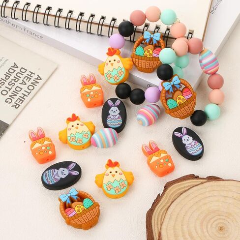 15 قطعة من الخرز البؤري السيليكوني للأقلام وخرز موضوع عيد الفصح وشخصيات متنوعة على شكل خرز سيليكون لصنع سلسلة المفاتيح وخرز السيليكون بالجملة لصنع المجوهرات وقلادة السوار والحرف اليدوية in Kuwait