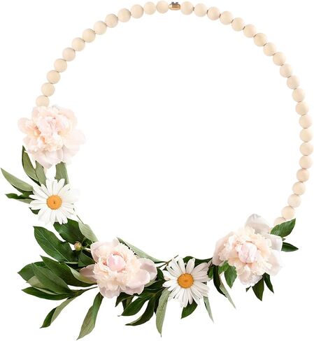 سينتيكر اكليل خرز خشبي، قطعتان من حلقات معدنية بتصميم زهور مقاس 12 انش مع 140 قطعة خرز خشبي لتزيين المنزل والباب الامامي والحرف اليدوية للتعليق على الحائط in Kuwait