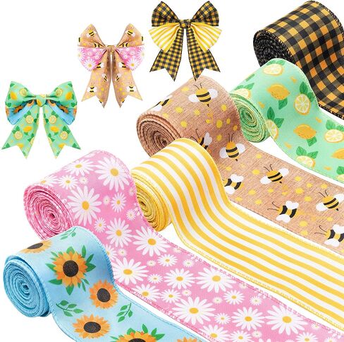 3sscha 6 Rolls Bee Wired Edge Ribbons Lemon Sunflower Daisy Wrapping Ribbon Spring Summer Yellow Black Buffalo Grid 2.5in x 30 Yards Hair Bow Decor for Home Wedding Anniversary Flower Wreath Bouquet in Kuwait