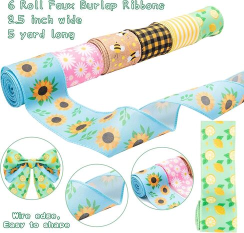 3sscha 6 Rolls Bee Wired Edge Ribbons Lemon Sunflower Daisy Wrapping Ribbon Spring Summer Yellow Black Buffalo Grid 2.5in x 30 Yards Hair Bow Decor for Home Wedding Anniversary Flower Wreath Bouquet in Kuwait