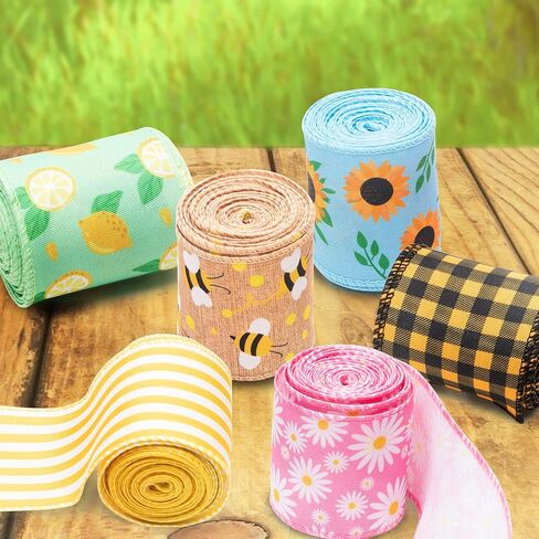 3sscha 6 Rolls Bee Wired Edge Ribbons Lemon Sunflower Daisy Wrapping Ribbon Spring Summer Yellow Black Buffalo Grid 2.5in x 30 Yards Hair Bow Decor for Home Wedding Anniversary Flower Wreath Bouquet in Kuwait
