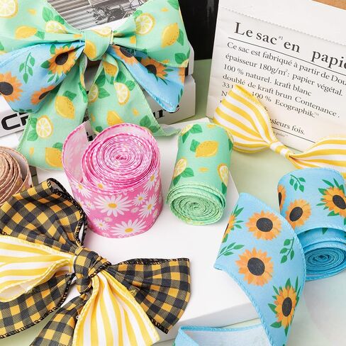3sscha 6 Rolls Bee Wired Edge Ribbons Lemon Sunflower Daisy Wrapping Ribbon Spring Summer Yellow Black Buffalo Grid 2.5in x 30 Yards Hair Bow Decor for Home Wedding Anniversary Flower Wreath Bouquet in Kuwait