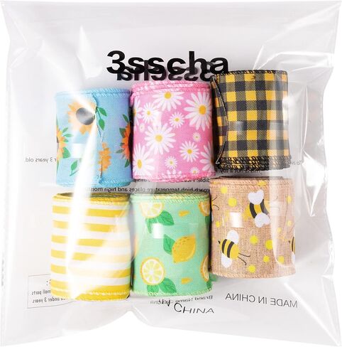 3sscha 6 Rolls Bee Wired Edge Ribbons Lemon Sunflower Daisy Wrapping Ribbon Spring Summer Yellow Black Buffalo Grid 2.5in x 30 Yards Hair Bow Decor for Home Wedding Anniversary Flower Wreath Bouquet in Kuwait