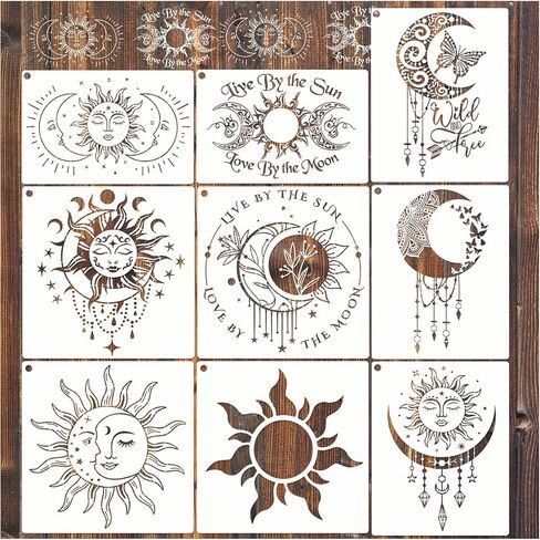 9 Pieces Large Mandala Sun and Moon Stencil Butterfly Flower Tree Paint Stencils for Crafts Reusable Templates Star Stencils for Painting Wood Wall Furniture Home Decor (Sun Moon) in Kuwait