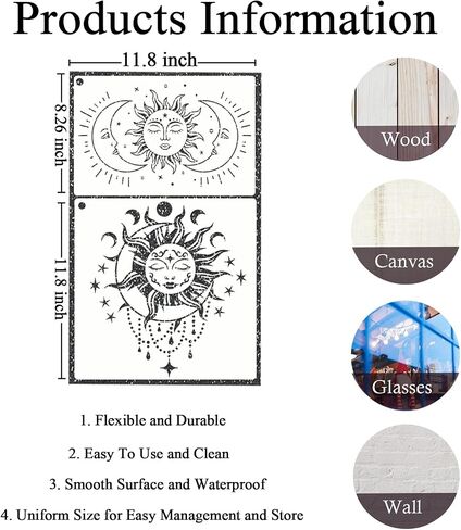 9 Pieces Large Mandala Sun and Moon Stencil Butterfly Flower Tree Paint Stencils for Crafts Reusable Templates Star Stencils for Painting Wood Wall Furniture Home Decor (Sun Moon) in Kuwait