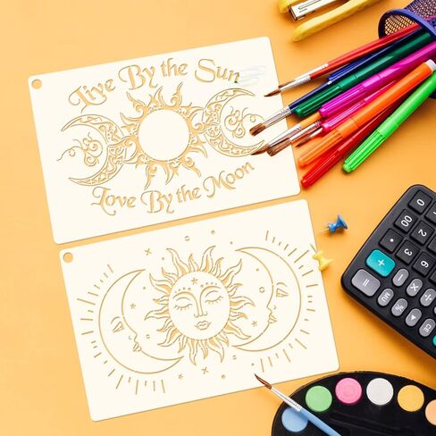 9 Pieces Large Mandala Sun and Moon Stencil Butterfly Flower Tree Paint Stencils for Crafts Reusable Templates Star Stencils for Painting Wood Wall Furniture Home Decor (Sun Moon) in Kuwait