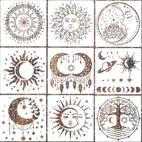 9 Pieces Large Mandala Sun and Moon Stencil Butterfly Flower Tree Paint Stencils for Crafts Reusable Templates Star Stencils for Painting Wood Wall Furniture Home Decor (Sun Moon) in Kuwait