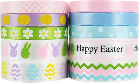 Llxieym Easter Ribbon Egg Bunny Flower Satin Ribbon Fabric Wrapping Gift Ribbon for Easter Decoration DIY Craft, 10 Rolls (Color 1) in Kuwait