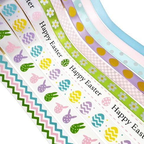 Llxieym Easter Ribbon Egg Bunny Flower Satin Ribbon Fabric Wrapping Gift Ribbon for Easter Decoration DIY Craft, 10 Rolls (Color 1) in Kuwait