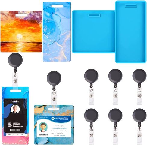 DANGLING Silicone ID Card Holder Resin Mold, Badge Buddy Mold, Silicone Epoxy Casting Molds for Name Tags Work Card Holder with 6 Pieces ID Badge Reel Clip (Blue) in Kuwait