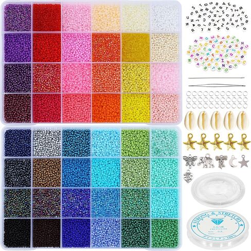 LEECOON 33600+ قطعة مقاس 12/0 2 مم خرز زجاجي لصنع المجوهرات، خرز صغير 48 لونًا مجموعة متنوعة للبالغين الفتيات صنع قلادة وأقراط مع دلايات خرز الأبجدية in Kuwait