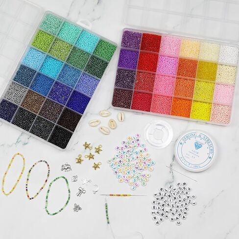 LEECOON 33600+ قطعة مقاس 12/0 2 مم خرز زجاجي لصنع المجوهرات، خرز صغير 48 لونًا مجموعة متنوعة للبالغين الفتيات صنع قلادة وأقراط مع دلايات خرز الأبجدية in Kuwait