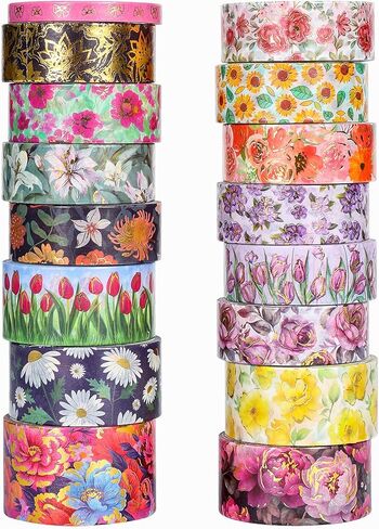 مجموعة شريط واشي الأزهار من إيبورن - 16 لفة بعرض 5/15/20/25 مم أشرطة لاصقة تزيينية على شكل زهرة من رقائق الذهب لتدوين الرصاصات، والحرف اليدوية اليدوية، ومستلزمات سجل القصاصات، وتغليف الهدايا in Kuwait