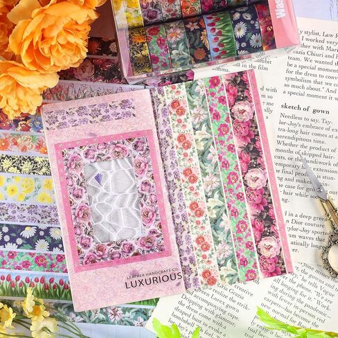 مجموعة شريط واشي الأزهار من إيبورن - 16 لفة بعرض 5/15/20/25 مم أشرطة لاصقة تزيينية على شكل زهرة من رقائق الذهب لتدوين الرصاصات، والحرف اليدوية اليدوية، ومستلزمات سجل القصاصات، وتغليف الهدايا in Kuwait