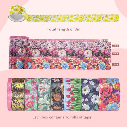 مجموعة شريط واشي الأزهار من إيبورن - 16 لفة بعرض 5/15/20/25 مم أشرطة لاصقة تزيينية على شكل زهرة من رقائق الذهب لتدوين الرصاصات، والحرف اليدوية اليدوية، ومستلزمات سجل القصاصات، وتغليف الهدايا in Kuwait