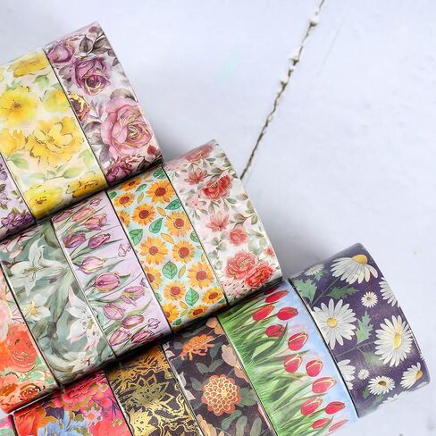 مجموعة شريط واشي الأزهار من إيبورن - 16 لفة بعرض 5/15/20/25 مم أشرطة لاصقة تزيينية على شكل زهرة من رقائق الذهب لتدوين الرصاصات، والحرف اليدوية اليدوية، ومستلزمات سجل القصاصات، وتغليف الهدايا in Kuwait