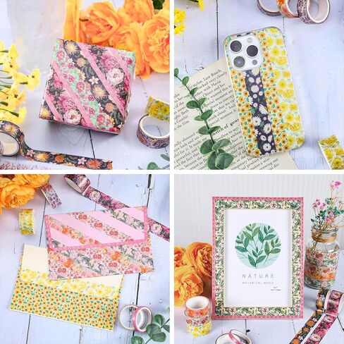 مجموعة شريط واشي الأزهار من إيبورن - 16 لفة بعرض 5/15/20/25 مم أشرطة لاصقة تزيينية على شكل زهرة من رقائق الذهب لتدوين الرصاصات، والحرف اليدوية اليدوية، ومستلزمات سجل القصاصات، وتغليف الهدايا in Kuwait