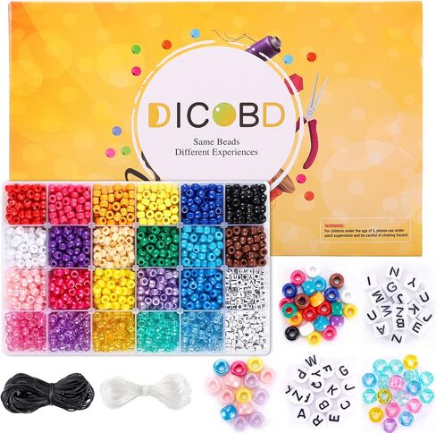 ديكوبدٍ مجموعة خرز مكونة من 3390 قطعة تحتوي على 3 الوان من الخرز البلاستيكي ونوعين من خرز الحروف مع خيوط مرنة بطول 10 متر، خيوط مضفرة بطول 15 متر لصنع المجوهرات مثل الاساور والقلائد in Kuwait