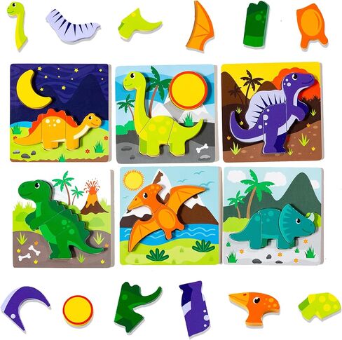 Klevly 6 PK Dinosaur Wooden Toddler Puzzles Ages 2-4 | Wooden Puzzles for Toddlers 1-3 | Montessori Toys for 2 Year Old | Learning Toys for 2+ Year Olds | Educational Toys for 2 Year Old | STEM Toy in Kuwait