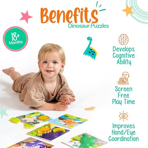 Klevly 6 PK Dinosaur Wooden Toddler Puzzles Ages 2-4 | Wooden Puzzles for Toddlers 1-3 | Montessori Toys for 2 Year Old | Learning Toys for 2+ Year Olds | Educational Toys for 2 Year Old | STEM Toy in Kuwait