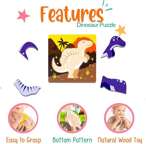 Klevly 6 PK Dinosaur Wooden Toddler Puzzles Ages 2-4 | Wooden Puzzles for Toddlers 1-3 | Montessori Toys for 2 Year Old | Learning Toys for 2+ Year Olds | Educational Toys for 2 Year Old | STEM Toy in Kuwait
