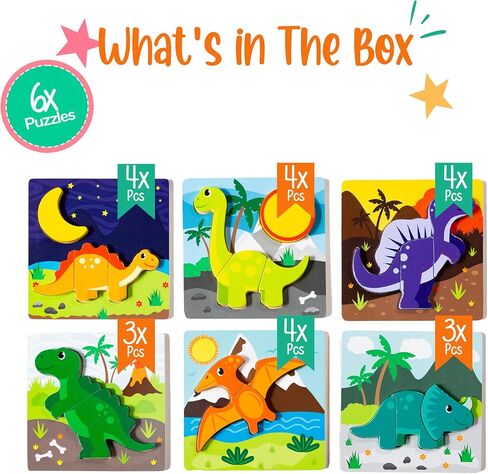 Klevly 6 PK Dinosaur Wooden Toddler Puzzles Ages 2-4 | Wooden Puzzles for Toddlers 1-3 | Montessori Toys for 2 Year Old | Learning Toys for 2+ Year Olds | Educational Toys for 2 Year Old | STEM Toy in Kuwait