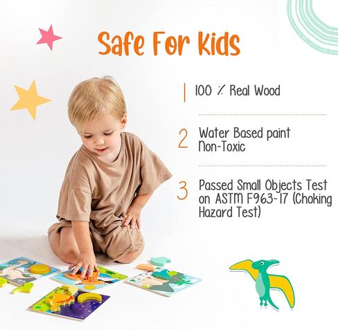 Klevly 6 PK Dinosaur Wooden Toddler Puzzles Ages 2-4 | Wooden Puzzles for Toddlers 1-3 | Montessori Toys for 2 Year Old | Learning Toys for 2+ Year Olds | Educational Toys for 2 Year Old | STEM Toy in Kuwait