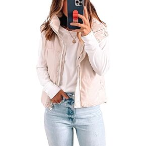 UANEO Womens PU Leather Cropped Puffer Vest Winter Faux Leather Zip Up Sleeveless Jacket