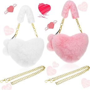Saintrygo 2 Pcs Christmas Valentines Day Furry Purse Heart Shaped Purse Women Soft Fluffy Faux Fur Handbag for Girl Gift
