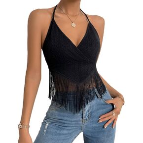 SweatyRocks Women's Sleeveless Fringe Hem Halter V Neck Wrap Cami Top Tie Back Crop Tops