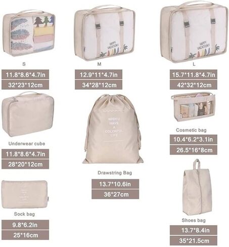 Travel Packaging Cube,8-piece set of travel cube, Foldable luggage Storage Bag, lightweight luggage Storage Bag (Beige) in Kuwait