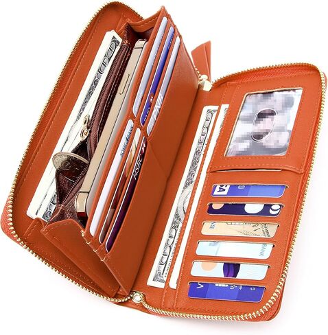 محفظة VOCUS النسائية بسحاب حول RFID ومحفظة من جلد البولي يوريثان كبيرة للسفر ومحفظة طويلة وحامل بطاقات الائتمان مع سوار معصم in Kuwait